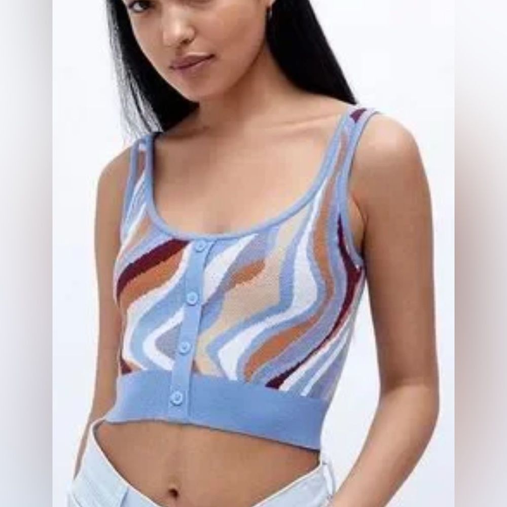 NWOT La Hearts Blue & Brown Wave knit Crop Top. Sz small. Festival. Boho.